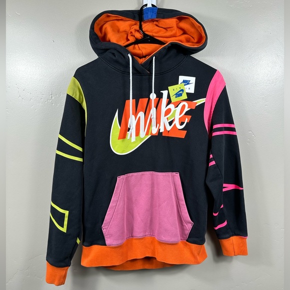 WOMENS NIKE NSW AF1 PULLOVER HOODIE SIZE XS BLACK PINK YELLOW - Picture 3 of 8